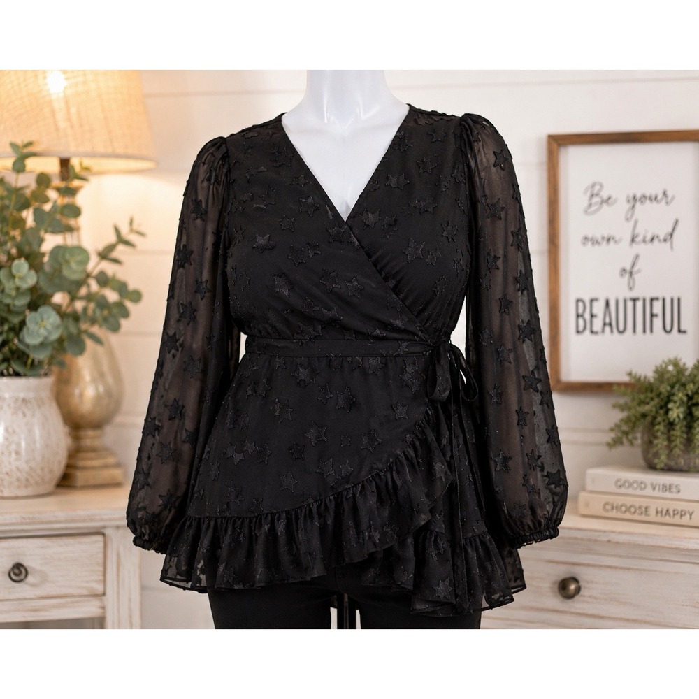 Torrid‎ Black Sheer Star Wrap Blouse 4X Tie Waist Ruffle Peplum